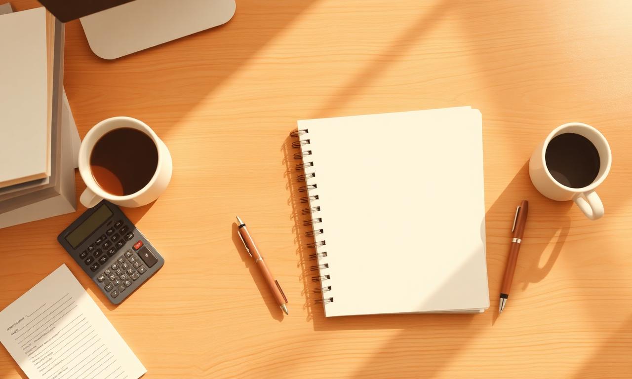 Desk with a calculator, notebook and coffee